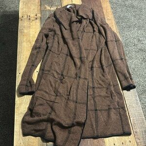 Long line draped, brown cardigan